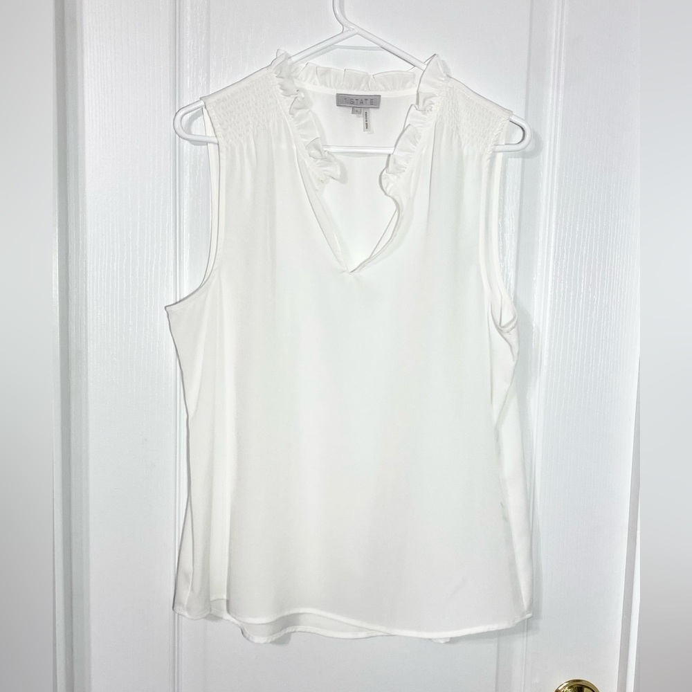 1. State Ruffle Neck Smocked Shoulder Sleeveless Blouse White Size Large